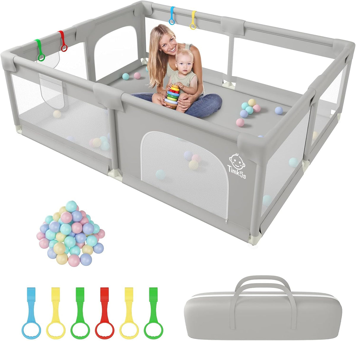 Playpen Baby Play Pen 200 X 160 Cm, Baby Playpen with 50 Ocean Balls, 6X Pull Rings, Non-Slip Extra Large Playpen for Toddlers with Durable Zippered Door, Storage Bag for Outdoor Use