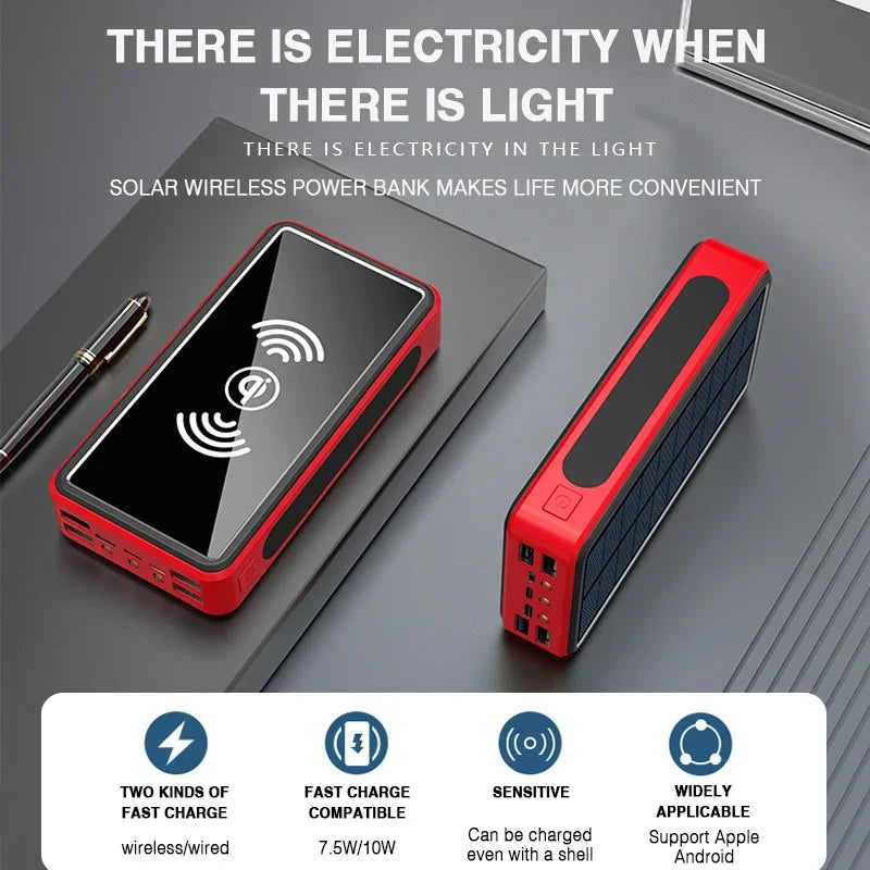 Solar Wireless Power Bank Portable 80000Mah Charger 4USB External Battery Flashlight for Xiaomi Iphone Samsung